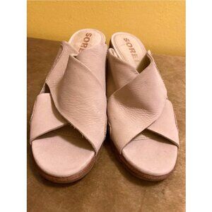 Sorel light pink and gold soft suede cross strap sandal heels